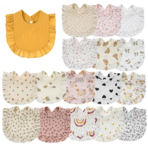 Muslin Baby Drool Bibs: Cotton Adjustable Teething & Feeding Bibs with Flounce Lace