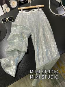 Shiny Sequin Wide Leg Pants Womens Performance Glittering Trousers Silver White Sparkling Casual Pants High Waist Long Pants