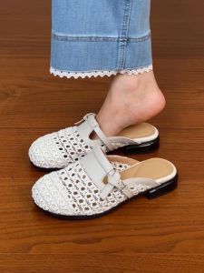 Senshihj Hollow out Woven Head Layer Cowhide Flat Bottom Sandals Womens Summer Outdoor Low Heel Lazy Shoes Open Toe Slippers