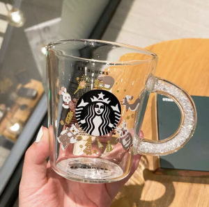 Starbucks Christmas Carnival Gold Cup Creative Cartoon Glass with Drill Handle Coffee Mug
