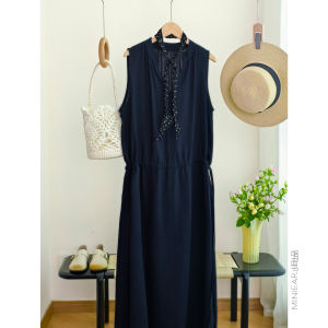 XIAOER | Đầm Thắt Dây eo V-neck Lyocell Linen