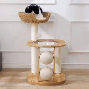 Premium Solid Wood Cat Tree with Comfortable Enclosed Space Capsule Cat Bed Wear-Resistant Natural Sisal Scratching Posts Fun Interactive Rolling Ball Toy & Sturdy Stable Platform Multi-Level Cat Climbing Tower for Indoor Cats of All Sizes Breeds
