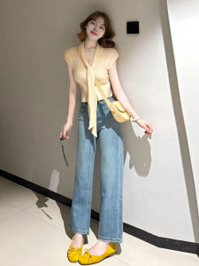 CHANGTONG | เสื้อยืดคอกลมแขนสั้นถักนิตติ้งสไตล์เกาหลีสำหรับผู้หญิงในฤดูร้อน ทรงเข้ารูป สไตล์ทำงาน เสื้อผ้าทำงาน ปกติ