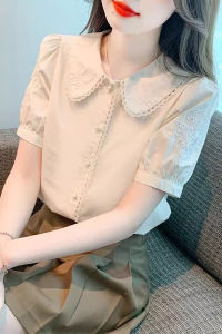 WANGGONGZHU | Elegant Short Sleeve Embroidered Chiffon Shirt Womens French Style Doll Collar Summer Fashionable Top Princess Commute Style