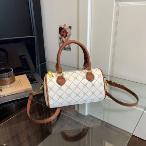 Women Vintage Handbag 2026 New Geometric Print Boston Bag High Quality Mini Cylinder Barrel Shoulder Purse Crossbody Bag For Wom
