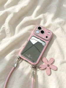 Cute Pink Mirror Card Holder Phone Case For iPhone 16 15 14 13 Pro Max Star Print Wallet Cover With Flower Charm Wrist Strap Y2K