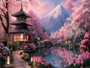 500/1000/1200/2000PCS Jigsaw Puzzle Colorful Sakura Mountain Landscape Scene For Adults Ideal For Stress Relief And Relaxation