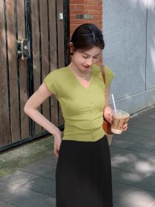 HUOLISI | Flutter Sleeve V-Neck Ice Silk Knit T-Shirt Slim Waist Short Length