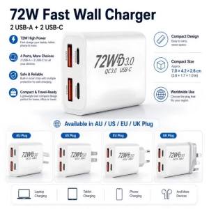 Bộ Sạc USB Đa Cổng 72W Bộ Sạc Điện Thoại Type-C Sạc Nhanh Cho iPhone Samsung Xiaomi Redmi Có Phích Cắm EU/US/AU/UK