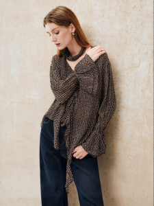 SUSHE | Vintage Plaid Ruffle Flared Sleeve Light Blouse