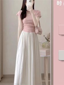 Summer Small Denim Casual Wear Pink Short Sleeve Top and Skirt Elegant Slightly Mature Classic Style Two-piece Set Womens Clothes
