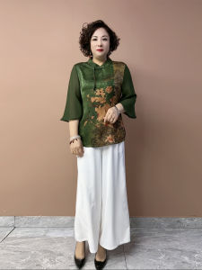 Áo Sơ Mi Lụa Cổ Đứng Tay Bảy Cỡ Lớn Cho Phụ Nữ Trung Niên Và Cao Tuổi Phong Cách Mới Mùa Hè