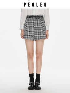 กางเกงขาสั้นลายสก็อตสีดำขาวเอวสูงสไตล์ย้อนยุคสำหรับผู้หญิง กางเกงขายาวทรงตรงทรงเข้ารูปฤดูใบไม้ร่วง 2024 กางเกงขายาวผู้หญิง