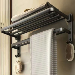 Black Bathroom Wall-Mounted Towel Rack Without Drilling Bathroom Storage Rack Towel Bar Hardware Hanging Pieces