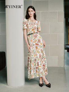 Elegant Summer Dress With Lace-up Collar Silk Printing