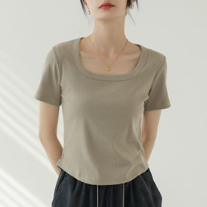 MOCHU | Black Shoulder T-Shirt Squared Round Neck Fit Base Top