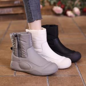 Womens Winter Thick Bottomed Fleece Lined down Fabric Snow Boots Korean Style Short Tube Zipper Closure Warm And Waterproof