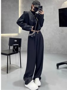 New Chinese Style Fashion Set Womens Spring Buttoned Suit Jacket Casual Wide Leg Pants Two Piece Popular This Year