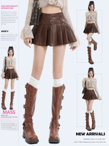 Váy Da PU Cạp Cao Màu Nâu Váy Ngắn Xếp Ly Cho Nữ Mùa Thu Váy Ngắn Bằng Da PU Ngọt Ngào Mát Mẻ Gợi Cảm Cho Nữ