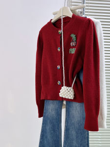 QINGNAER | Christmas Style Sweet Rejuvenating Red Knit Cardigan
