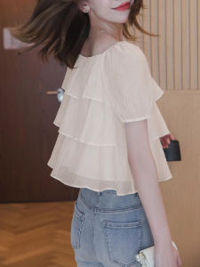 เสื้อเชิ้ตผ้าชีฟองแขนสั้นสไตล์เกาหลีสำหรับผู้หญิงในฤดูร้อน ทรงเข้ารูป แขนพอง ขอบลูกไม้ สีสันสดใส เสื้อเชิ้ตผู้หญิง