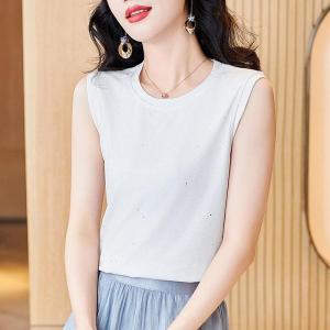 เสื้อกั๊กแขนกุดคอปกกลมผ้าโมดอลสำหรับผู้หญิง เสื้อเชิ้ตทรงเข้ารูปสีดำ ทรงเข้ารูป แฟชั่นฤดูใบไม้ผลิและฤดูร้อน