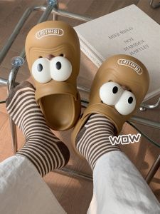 Couples Hole Shoe Summer Creative Cute Big Eyes Slip-On Sandals Outdoor Latte Color Beach Shoes Hollow out Design Flat Heel