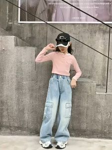 New Cargo Jeans for Kids Girl 4Pockets Fashion Maong Pants for Girl Loose Baggy Denim Jeans Pants 5-16Y