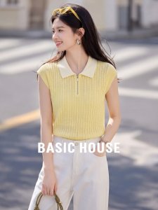 Basic House | Yellow Half-zip Collar Short Sleeve Knit Top For Summer Hollow-out