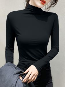 Modal Cotton Half Turtleneck Bottoming Shirt Womens Inner Wear Spring & Fall Western Style Fancy Tight Long Sleeves T-shirt Pure Color Tops