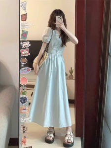 XUECAIQI | Plus Size Elegant Waist-Shaping V-Neck Puff Sleeve Blue Dress