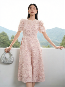 BADINA | Bathina Light Pink Lace Embroidered Dress Womens Summer New Bubble Sleeve Natural Waist Polyester Fiber Long Skirt