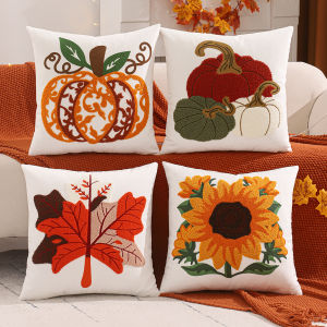 PC Halloween Decoration Throw Pillow Cover Pumpkin Leaves Sunflower Embroidery Velvet Autumn Thanksgiving Harvest Living Room