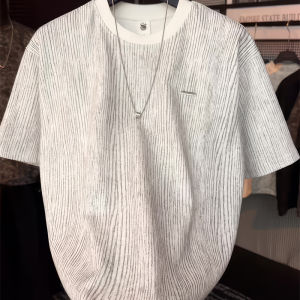 Summer 2025 Mens Fashionable Loose Fit Striped T-Shirt Short Sleeve round Neck Casual Comfortable Big Size Polyester Fiber