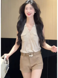 YUEZHONGWEI | Slim Fit French Polo Neck Sleeveless Shirt Women Summer Design Unique Turn Collar Vest Top Button Detail Korean Style Commute