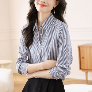 Slimming Striped Shirt Womens Commuter Style Chinese Fashion Straight Cut Silk Cotton Blend Long Sleeve Mid-Length Top