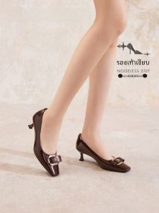 รองเท้าส้นสูงหนังแท้ทรงหัวเหลี่ยมสำหรับผู้หญิง รองเท้าแฟชั่นฤดูใบไม้ผลิและฤดูใบไม้ร่วง รองเท้าหนังผสมส่วนบน รองเท้าสวมแบบหัวเหลี่ยม