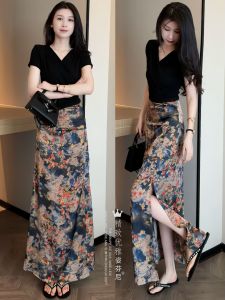 Fashionable Summer Outfit Womens V-neck T-shirt And Printed Mini Skirt Set Breathable Comfortable Short Sleeve Belted Design