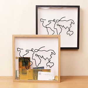 SG Stock Deda Nature wooden shadow box frames with world map designs and travel ticket displays. Suitable for home decor and travel memorabilia storage.