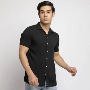 Baju Oxford Pria Atasan Kemeja Lengan Pendek Slimfit Polos Hitam