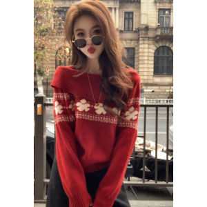 YUEZHONGWEI | Red One Shoulder Nordic Sweater