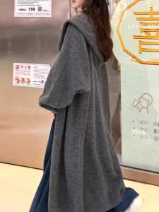 Gray Hooded Long Knitted Sweater Womens Loose Lazy Style High-End Feelings Cardigan Coat Autumn Winter New Arrival