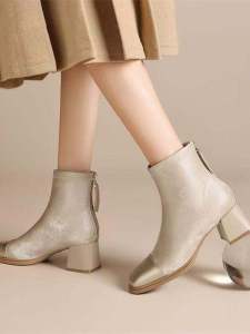 New 2025 Soft Leather Martin Boots Womens High Heel Short Booties Fashion Chunky Heel Slim Boot French Style Small Fragrance Wind