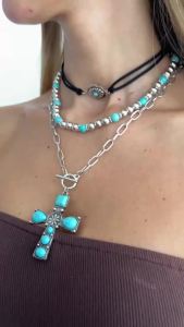 IngeSight.Z 4 Pcs/set Vintage Green Stone Jesus Cross Pendant Necklaces Women Boho CCB Beaded Choker Jewelry Accessories Gifts