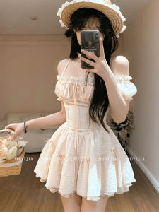 Sweet French Style Bubble Sleeve Strap Dress for Plump Women High Waist A-Line Short Skirt Casual Princess Style Butterfly Knot