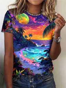 Neon Tropical Womens Tee - Cosmic Beach Sunset Graphic Vibrant Psychedelic Print Design for Casual Daily Wear