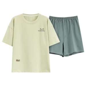 Miiow | Cat Person Womens Summer Sleepwear Set Thin Cotton Short Sleeve Shorts Home Clothes Antibacterial Cute Embroidery Pattern