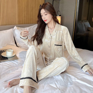 Elegant Gold Velvet Long Sleeve Sleepwear Cardigan Womens Home Clothes Floral Print Comfortable Leisure Autumn Winter Outfit