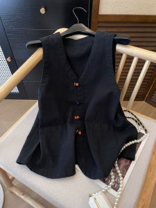PAIBOLI | Summer French Chinese Style Zen Black Vest Top New Chinese Retro Jacket Womens Fashion High Waist Long Pants Commute Style