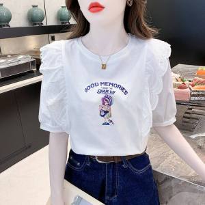 Stylish Ruffled Short Sleeves Print T-Shirt Female Summer New Arrival K-style Western Style Youthful-Looking White Pure Cotton Top Clothes